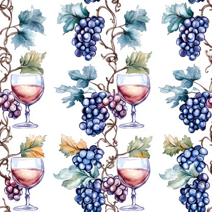 wine glasses, grapes, vineyard, watercolor style, blue grapes, purple grapes, green leaves, grapevines, wine theme, botanical pattern, repeating pattern, quilting cotton, fabric panel, burgundy wine, turquoise leaves, autumn colors, winery motif, seamless design, artistic illustration, alcohol themed