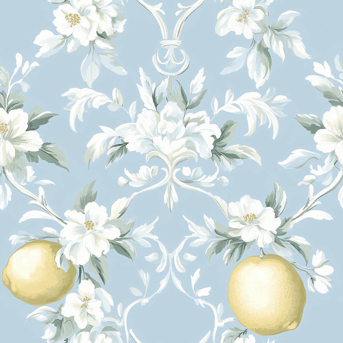 powder blue, soft yellow, white flowers, green leaves, lemon motifs, citrus fruits, floral pattern, shabby chic, vintage style, romantic design, pastel colors, botanical elements, quilting cotton, fabric panel, delicate blooms, ornate scrollwork, feminine aesthetic, cottage core, spring themed, repeating pattern