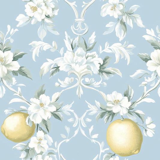 powder blue, soft yellow, white flowers, green leaves, lemon motifs, citrus fruits, floral pattern, shabby chic, vintage style, romantic design, pastel colors, botanical elements, quilting cotton, fabric panel, delicate blooms, ornate scrollwork, feminine aesthetic, cottage core, spring themed, repeating pattern