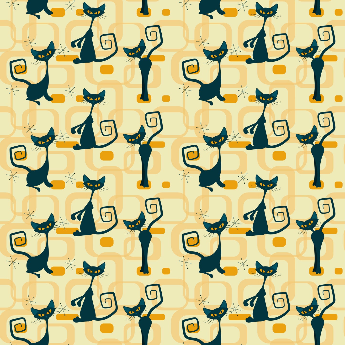 atomic cats, black cats, yellow eyes, retro pattern, mid-century modern, geometric shapes, orange accents, cream background, stylized felines, curly tails, starburst motifs, vintage style, 1950s inspired, quilting cotton, fabric panel, atomic age, sleek silhouettes, rectangular elements, repeating pattern, modern cats
