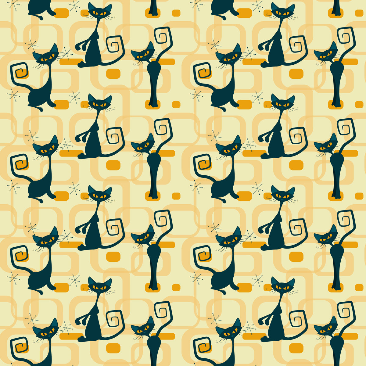 atomic cats, black cats, yellow eyes, retro pattern, mid-century modern, geometric shapes, orange accents, cream background, stylized felines, curly tails, starburst motifs, vintage style, 1950s inspired, quilting cotton, fabric panel, atomic age, sleek silhouettes, rectangular elements, repeating pattern, modern cats