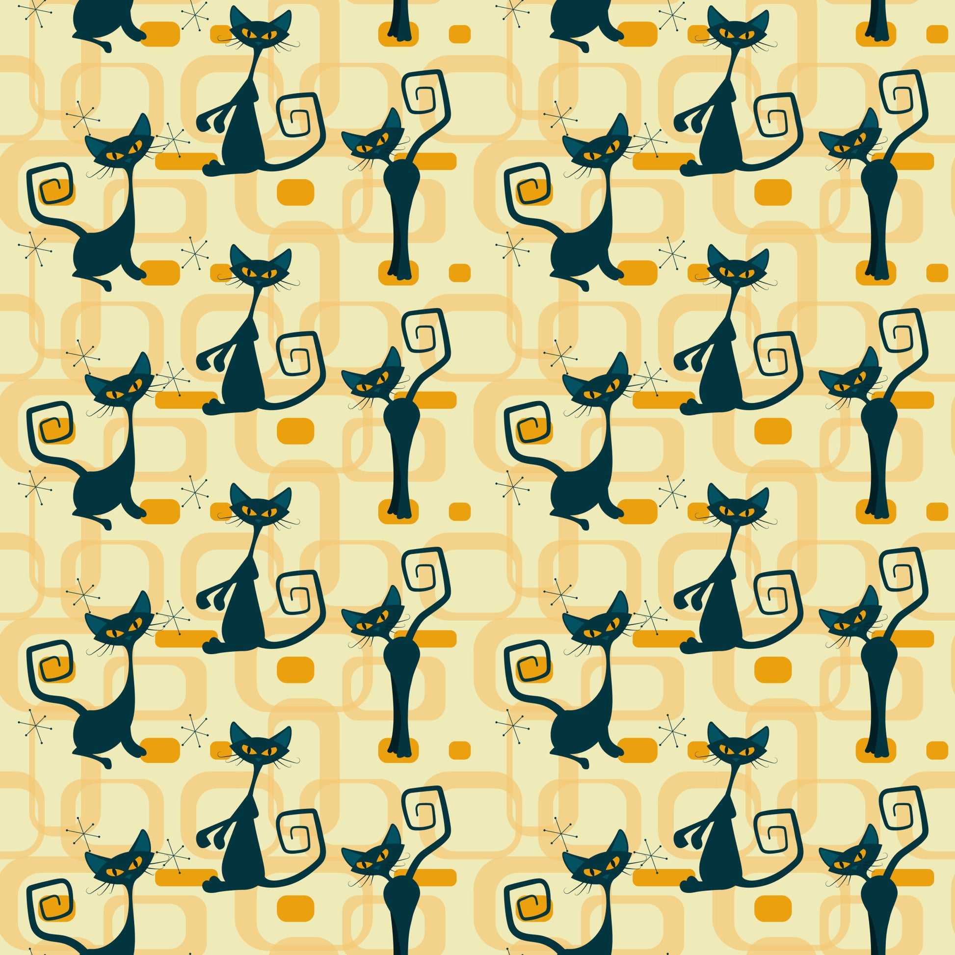 atomic cats, black cats, yellow eyes, retro pattern, mid-century modern, geometric shapes, orange accents, cream background, stylized felines, curly tails, starburst motifs, vintage style, 1950s inspired, quilting cotton, fabric panel, atomic age, sleek silhouettes, rectangular elements, repeating pattern, modern cats