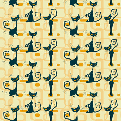 atomic cats, black cats, yellow eyes, retro pattern, mid-century modern, geometric shapes, orange accents, cream background, stylized felines, curly tails, starburst motifs, vintage style, 1950s inspired, quilting cotton, fabric panel, atomic age, sleek silhouettes, rectangular elements, repeating pattern, modern cats