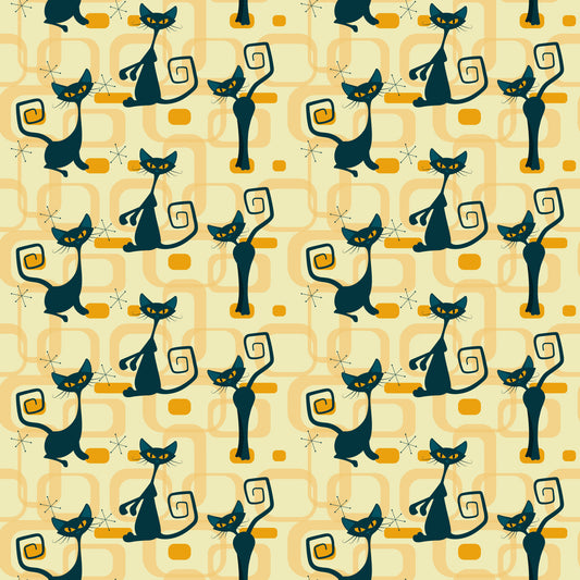 atomic cats, black cats, yellow eyes, retro pattern, mid-century modern, geometric shapes, orange accents, cream background, stylized felines, curly tails, starburst motifs, vintage style, 1950s inspired, quilting cotton, fabric panel, atomic age, sleek silhouettes, rectangular elements, repeating pattern, modern cats