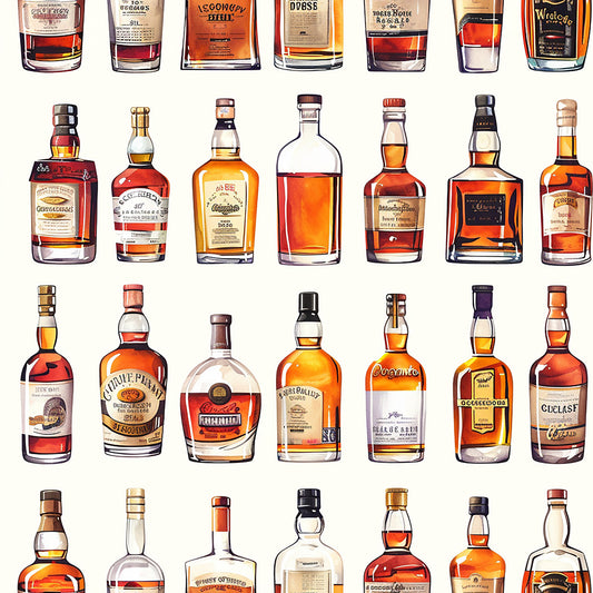 amber, orange, brown, golden, whiskey bottles, liquor bottles, glass bottles, alcohol pattern, bottle collection, scottish whisky, spirit bottles, quilting cotton, fabric panel, realistic illustration, beverage theme, distillery pattern, amber liquid, bottle labels, repeating pattern, vintage bottles