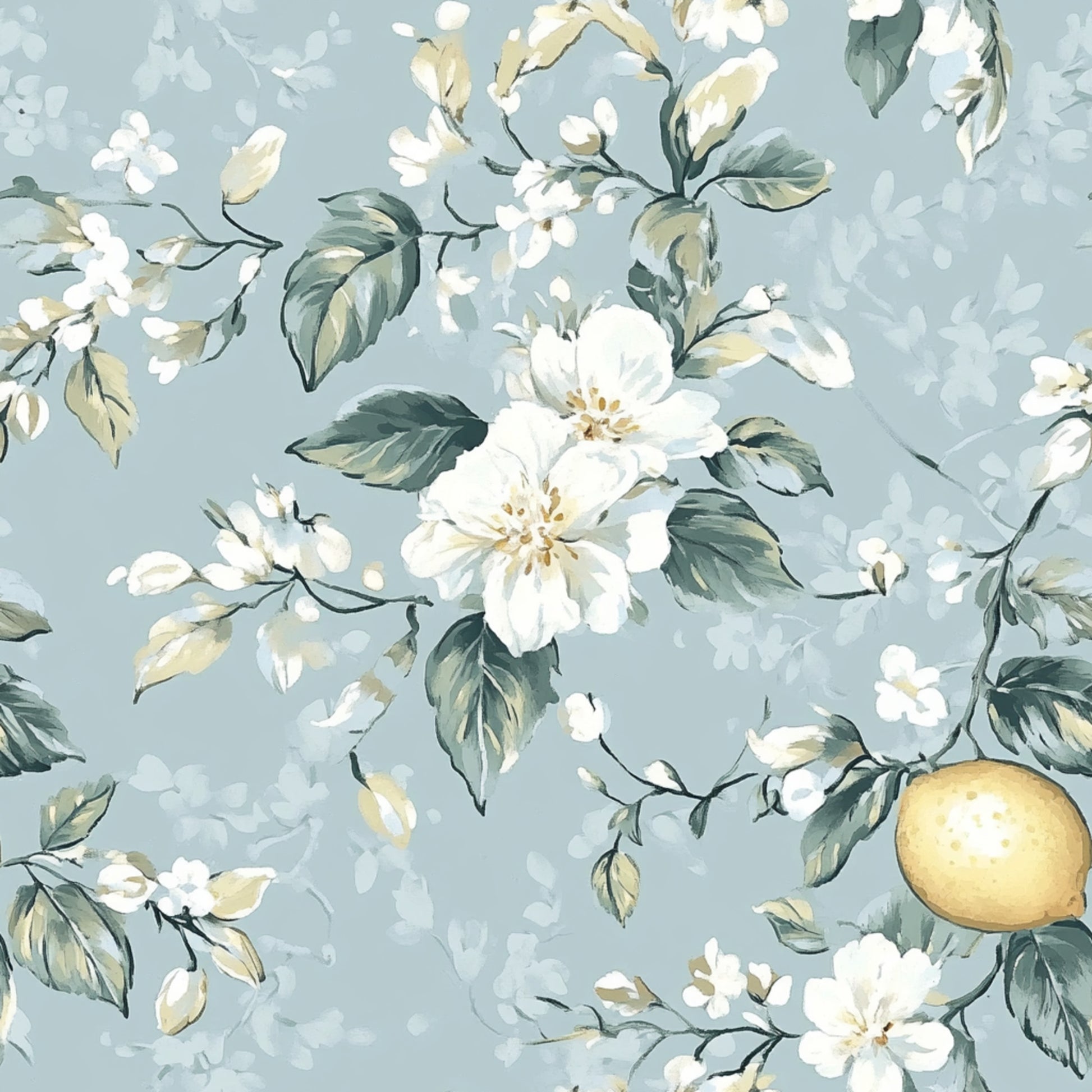 soft blue, pale yellow, white flowers, lemon fruit, botanical pattern, delicate branches, green leaves, floral design, pastel colors, vintage style, shabby chic, quilting cotton, fabric panel, spring blossoms, romantic florals, watercolor effect, cottage style, feminine design, nature motifs