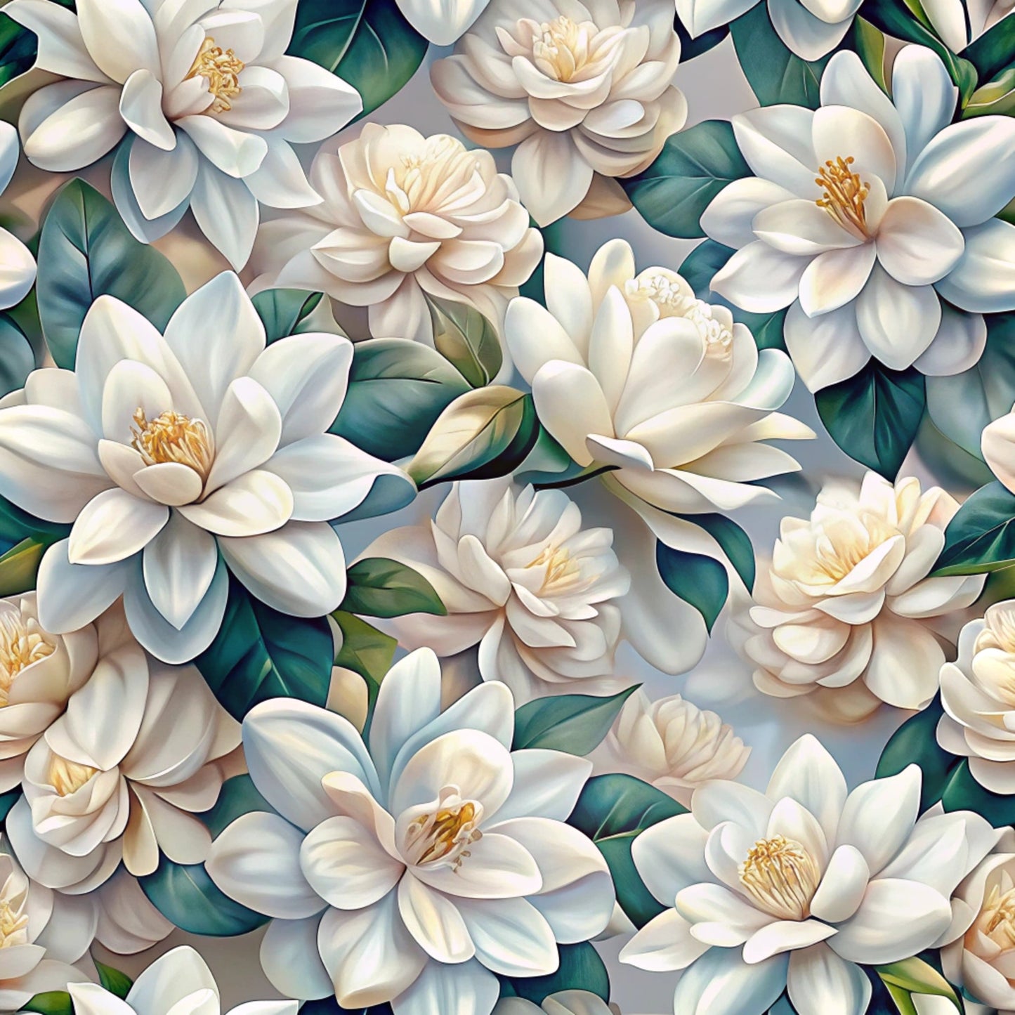 white flowers, cream petals, ivory blooms, teal leaves, emerald foliage, golden stamens, magnolia blossoms, realistic florals, botanical pattern, layered petals, lush greenery, nature motif, quilting cotton, fabric panel, seamless design, garden flowers, elegant blooms, soft pastels, floral arrangement, artistic rendering