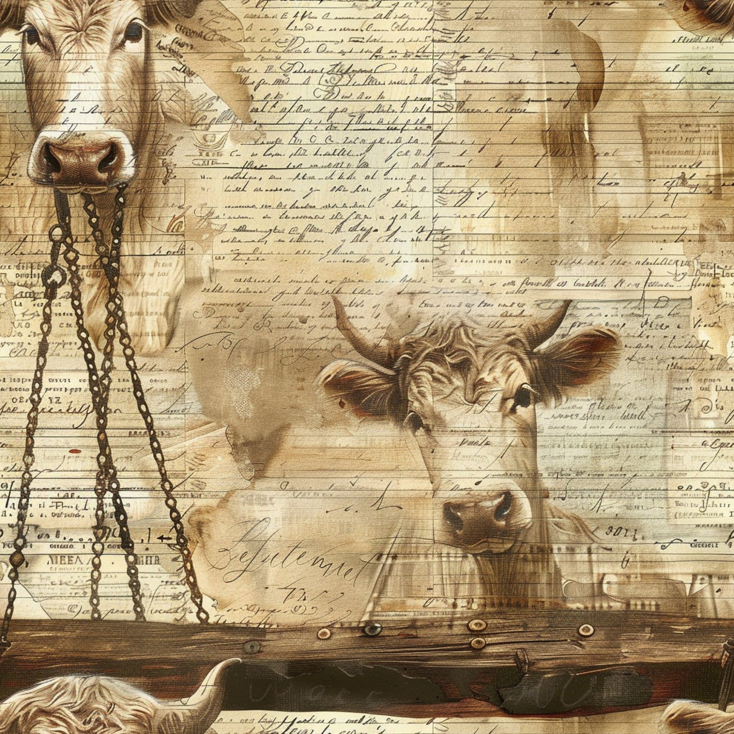 beige, sepia, brown, cream, tan, cows, cattle, farm animals, vintage style, aged paper, handwritten text, chains, rustic, pastoral, livestock, agricultural, quilting cotton, fabric panel, antique aesthetic, farmhouse, countryside, bovine