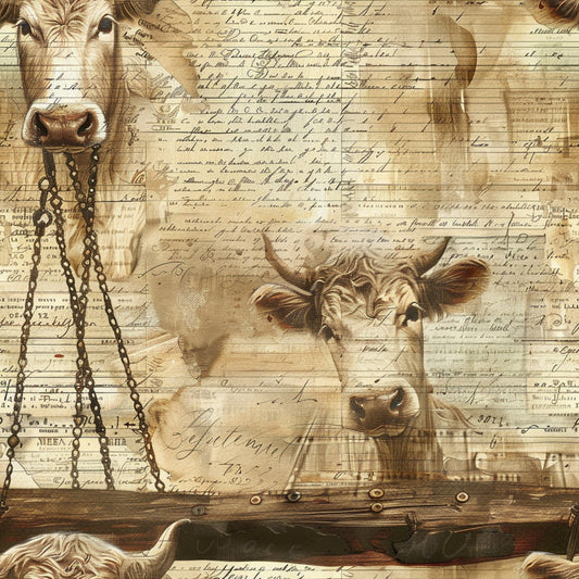 beige, sepia, brown, cream, tan, cows, cattle, farm animals, vintage style, aged paper, handwritten text, chains, rustic, pastoral, livestock, agricultural, quilting cotton, fabric panel, antique aesthetic, farmhouse, countryside, bovine