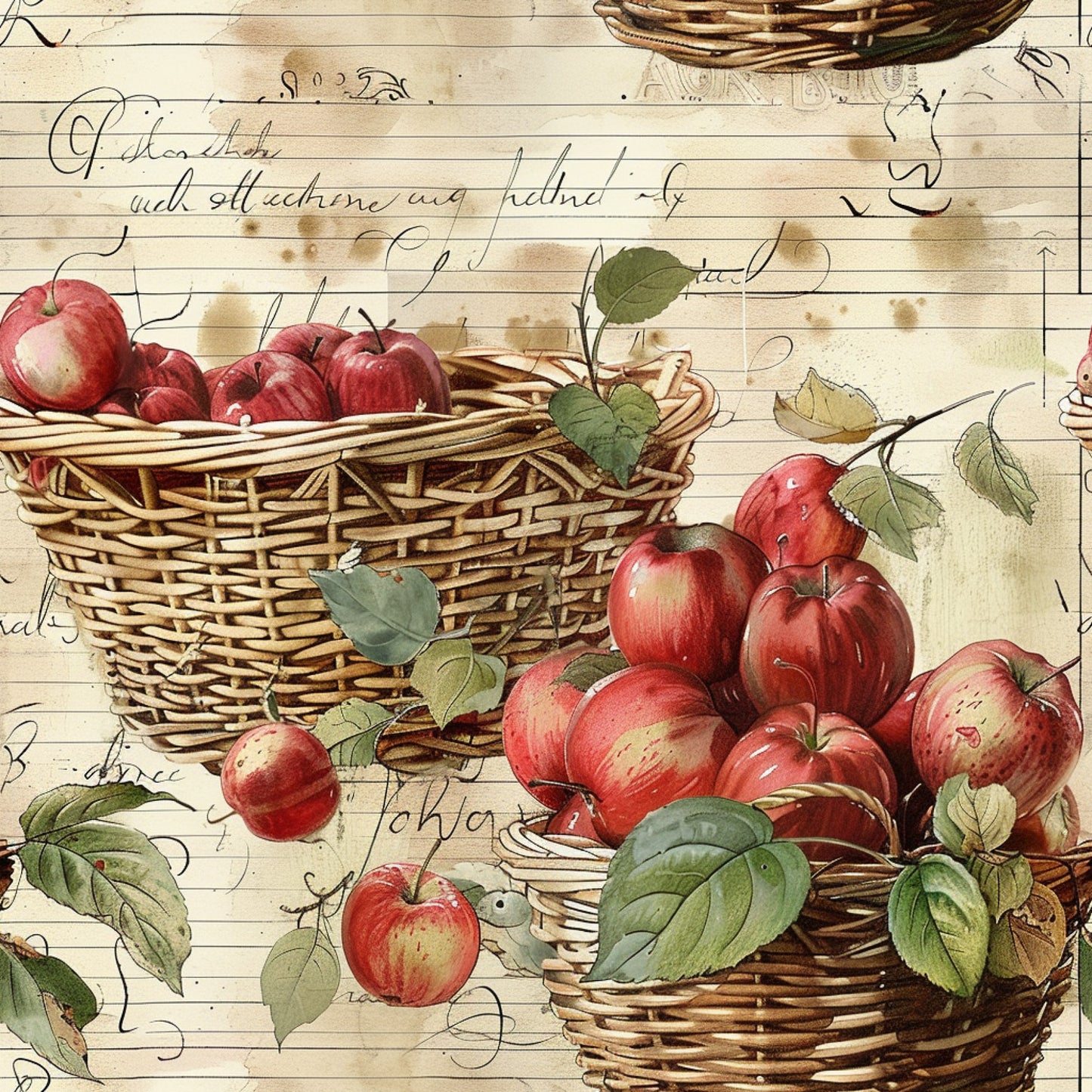 red apples, wicker baskets, vintage notebook paper, cursive handwriting, farm fresh produce, botanical leaves, green foliage, cream background, rustic charm, harvest theme, quilting cotton, fabric panel, watercolor style, autumn colors, country kitchen, nostalgic artwork, aged paper texture, seasonal fruit, farmhouse style, cottage core
