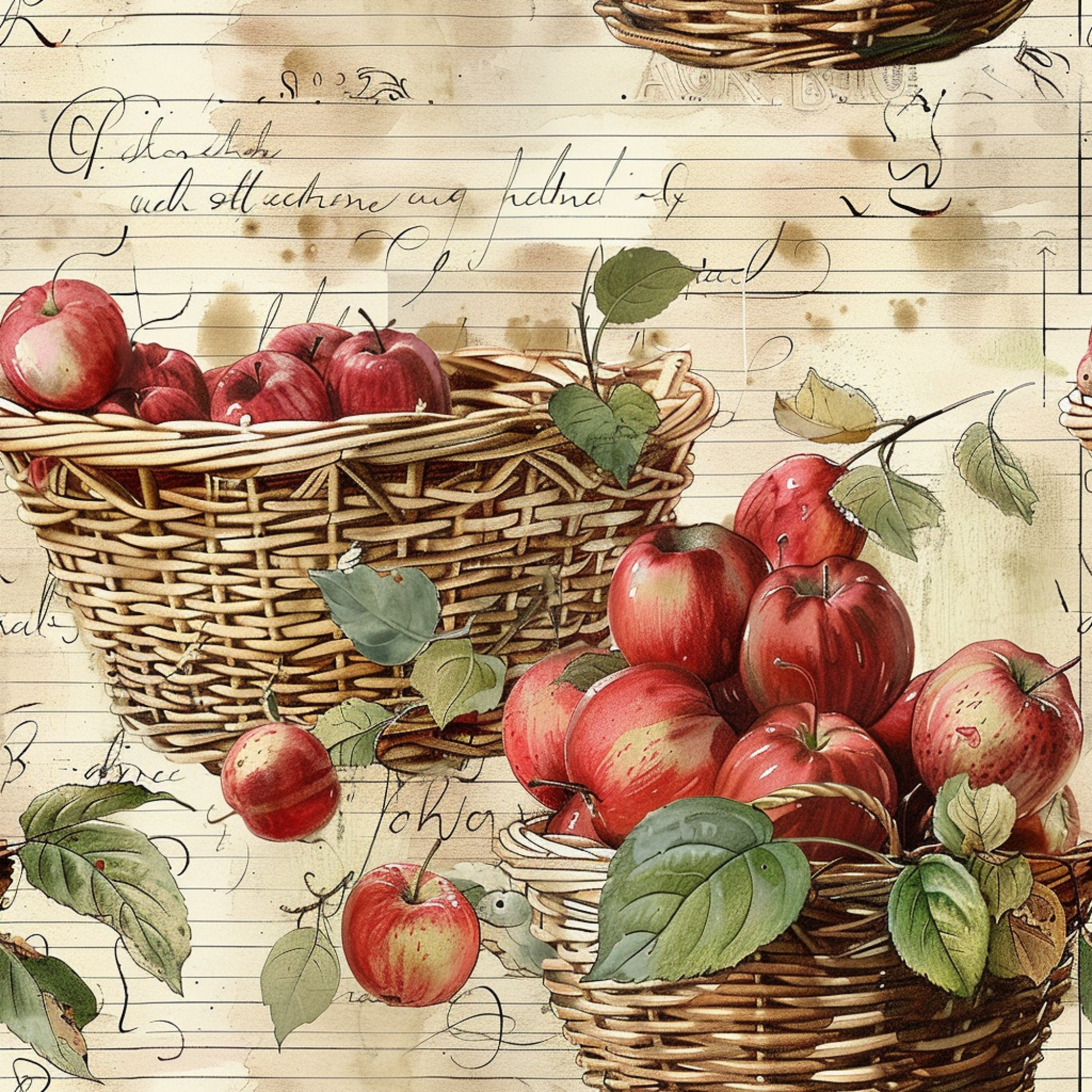 red apples, wicker baskets, vintage notebook paper, cursive handwriting, farm fresh produce, botanical leaves, green foliage, cream background, rustic charm, harvest theme, quilting cotton, fabric panel, watercolor style, autumn colors, country kitchen, nostalgic artwork, aged paper texture, seasonal fruit, farmhouse style, cottage core