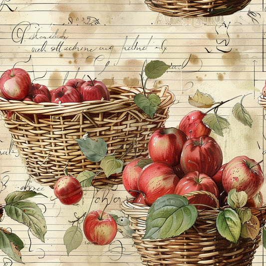 red apples, wicker baskets, vintage notebook paper, cursive handwriting, farm fresh produce, botanical leaves, green foliage, cream background, rustic charm, harvest theme, quilting cotton, fabric panel, watercolor style, autumn colors, country kitchen, nostalgic artwork, aged paper texture, seasonal fruit, farmhouse style, cottage core