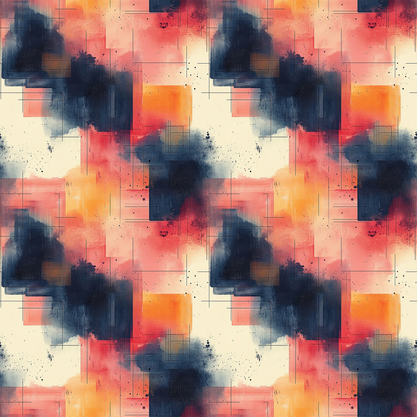 coral, navy blue, orange, cream, beige, geometric shapes, abstract watercolor, paint splatters, rectangular forms, mid century modern, contemporary art, quilting cotton, fabric panel, artistic brushstrokes, color blocking, modern geometric, abstract expressionism, layered composition, warm tones, cool tones