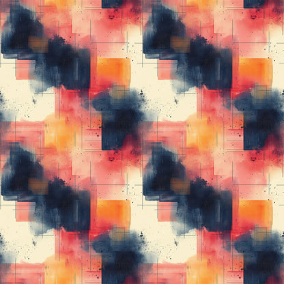 coral, navy blue, orange, cream, beige, geometric shapes, abstract watercolor, paint splatters, rectangular forms, mid century modern, contemporary art, quilting cotton, fabric panel, artistic brushstrokes, color blocking, modern geometric, abstract expressionism, layered composition, warm tones, cool tones