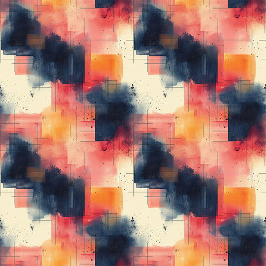 coral, navy blue, orange, cream, beige, geometric shapes, abstract watercolor, paint splatters, rectangular forms, mid century modern, contemporary art, quilting cotton, fabric panel, artistic brushstrokes, color blocking, modern geometric, abstract expressionism, layered composition, warm tones, cool tones
