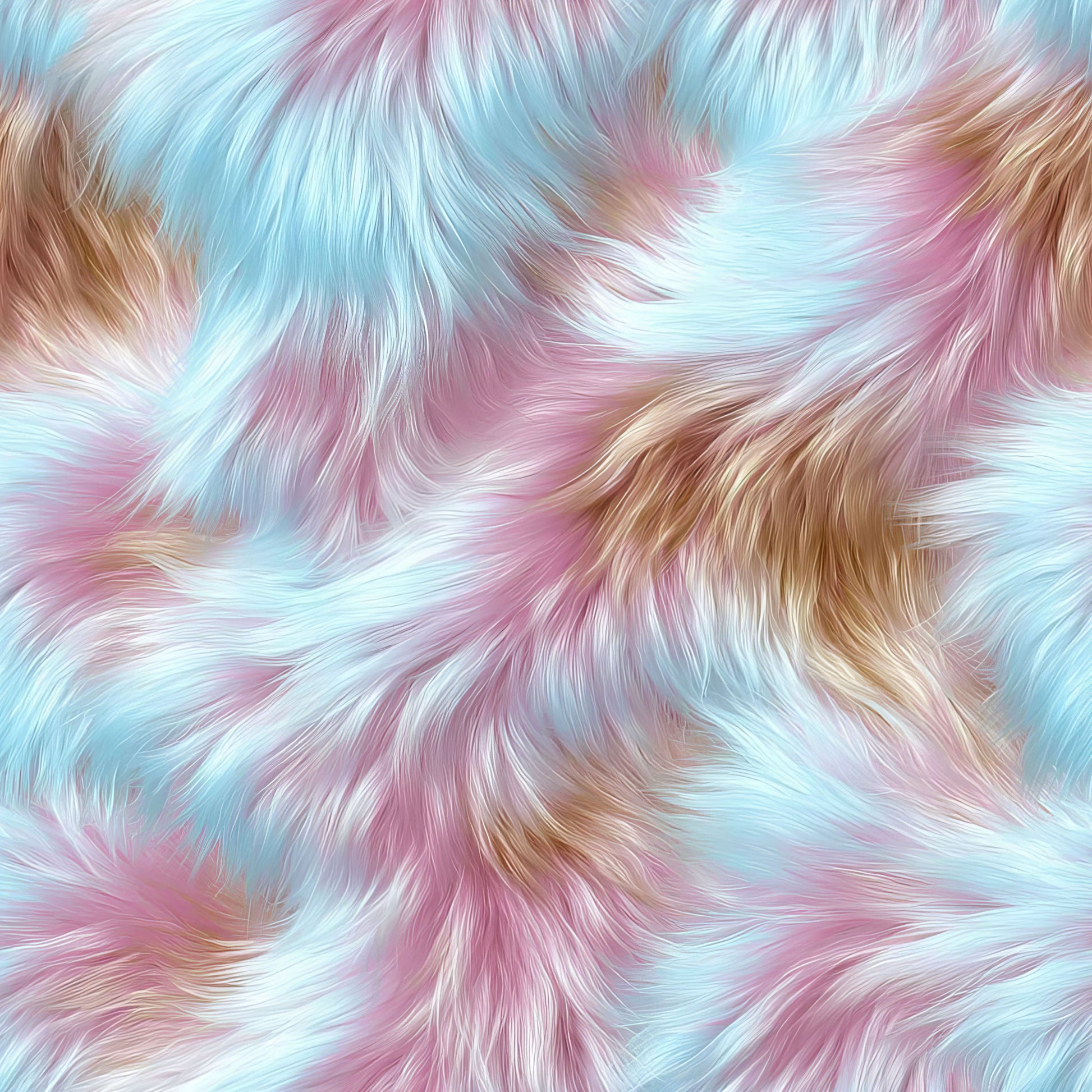 fluffy fur, pastel colors, light blue, soft pink, cream, brown, swirled pattern, flowing texture, luxurious fur, quilting cotton, fabric panel, dreamy aesthetic, soft pastels, fur texture, rainbow pastels, whimsical design, cotton fabric, crafting material, gentle swirls, plush appearance