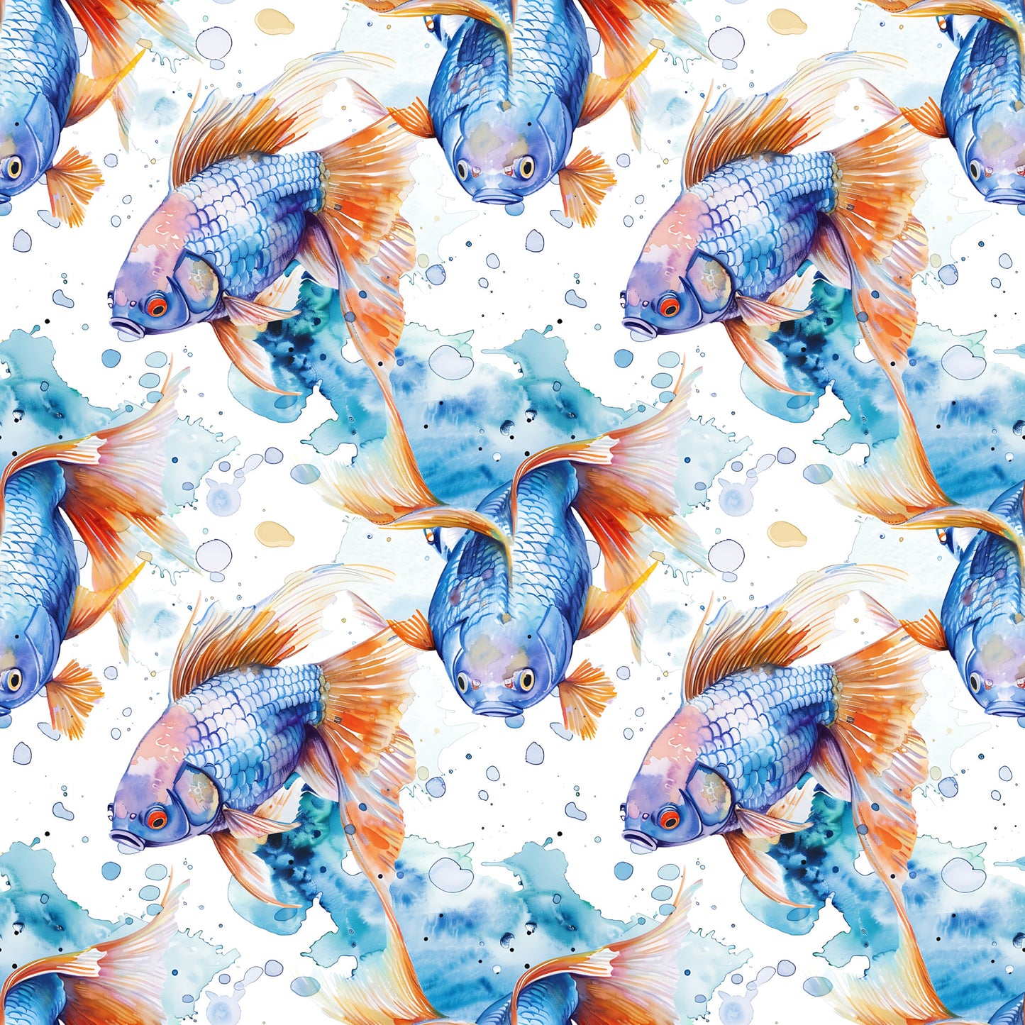 watercolor fish, blue fish, orange fins, aquatic pattern, swimming fish, water bubbles, ocean theme, seamless repeat, quilting cotton, fabric panel, marine life, flowing fins, blue orange palette, underwater scene, fish scales, artistic watercolor, sea creatures, nautical design, flowing movement, aquarium fish