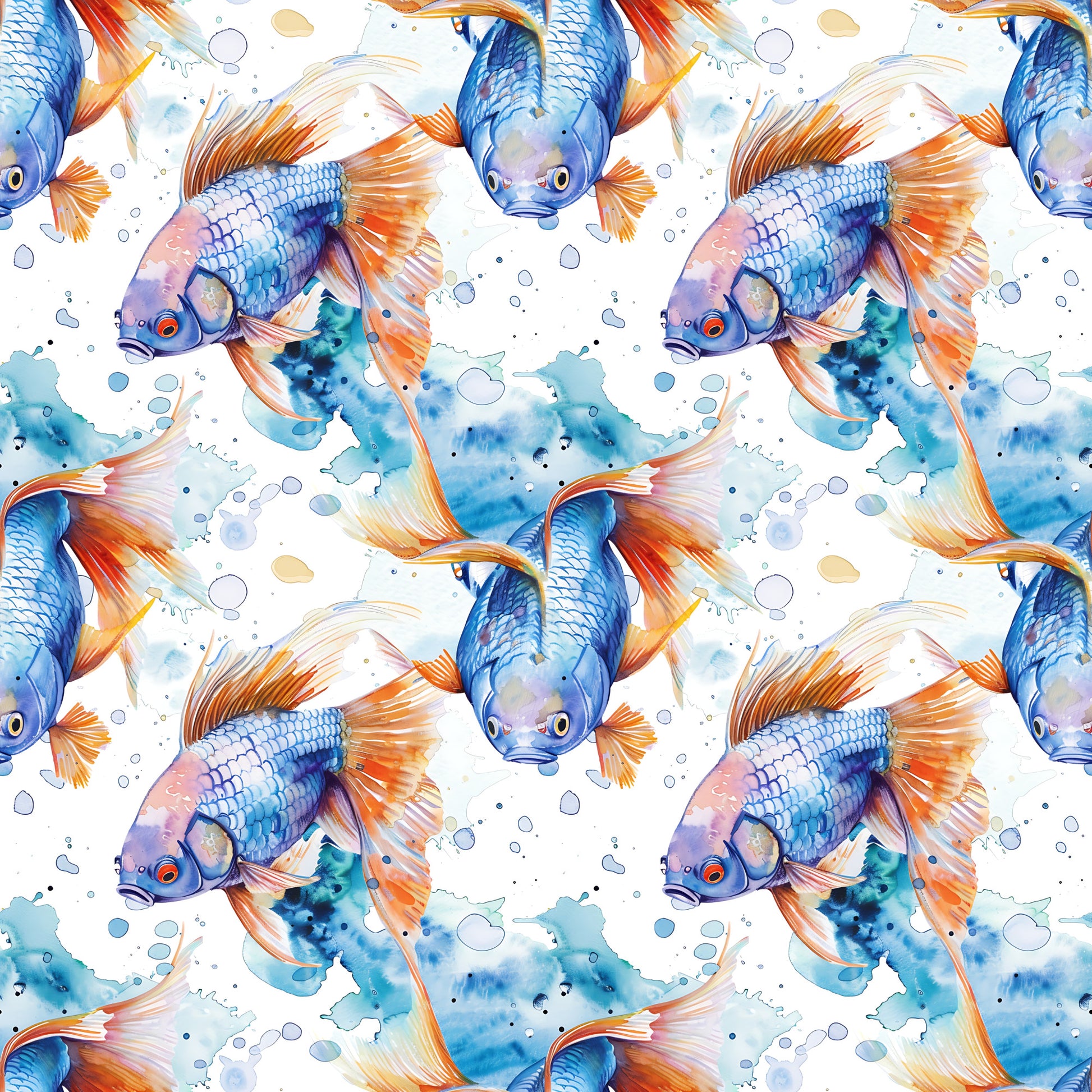 watercolor fish, blue fish, orange fins, aquatic pattern, swimming fish, water bubbles, ocean theme, seamless repeat, quilting cotton, fabric panel, marine life, flowing fins, blue orange palette, underwater scene, fish scales, artistic watercolor, sea creatures, nautical design, flowing movement, aquarium fish