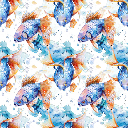 watercolor fish, blue fish, orange fins, aquatic pattern, swimming fish, water bubbles, ocean theme, seamless repeat, quilting cotton, fabric panel, marine life, flowing fins, blue orange palette, underwater scene, fish scales, artistic watercolor, sea creatures, nautical design, flowing movement, aquarium fish