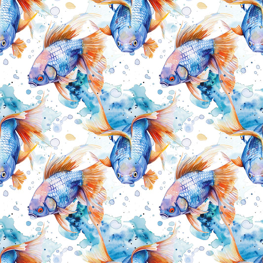 watercolor fish, blue fish, orange fins, aquatic pattern, swimming fish, water bubbles, ocean theme, seamless repeat, quilting cotton, fabric panel, marine life, flowing fins, blue orange palette, underwater scene, fish scales, artistic watercolor, sea creatures, nautical design, flowing movement, aquarium fish