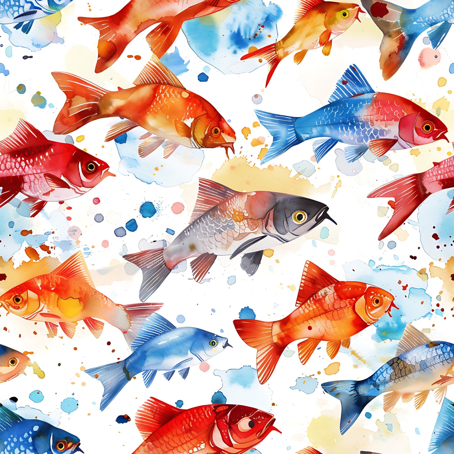 watercolor fish, aquatic animals, red fish, blue fish, orange fish, colorful scales, swimming motion, artistic splashes, paint splatters, ocean theme, marine life, quilting cotton, fabric panel, watercolor style, vibrant colors, flowing design, sea creatures, tropical fish, artistic brushstrokes, nautical pattern