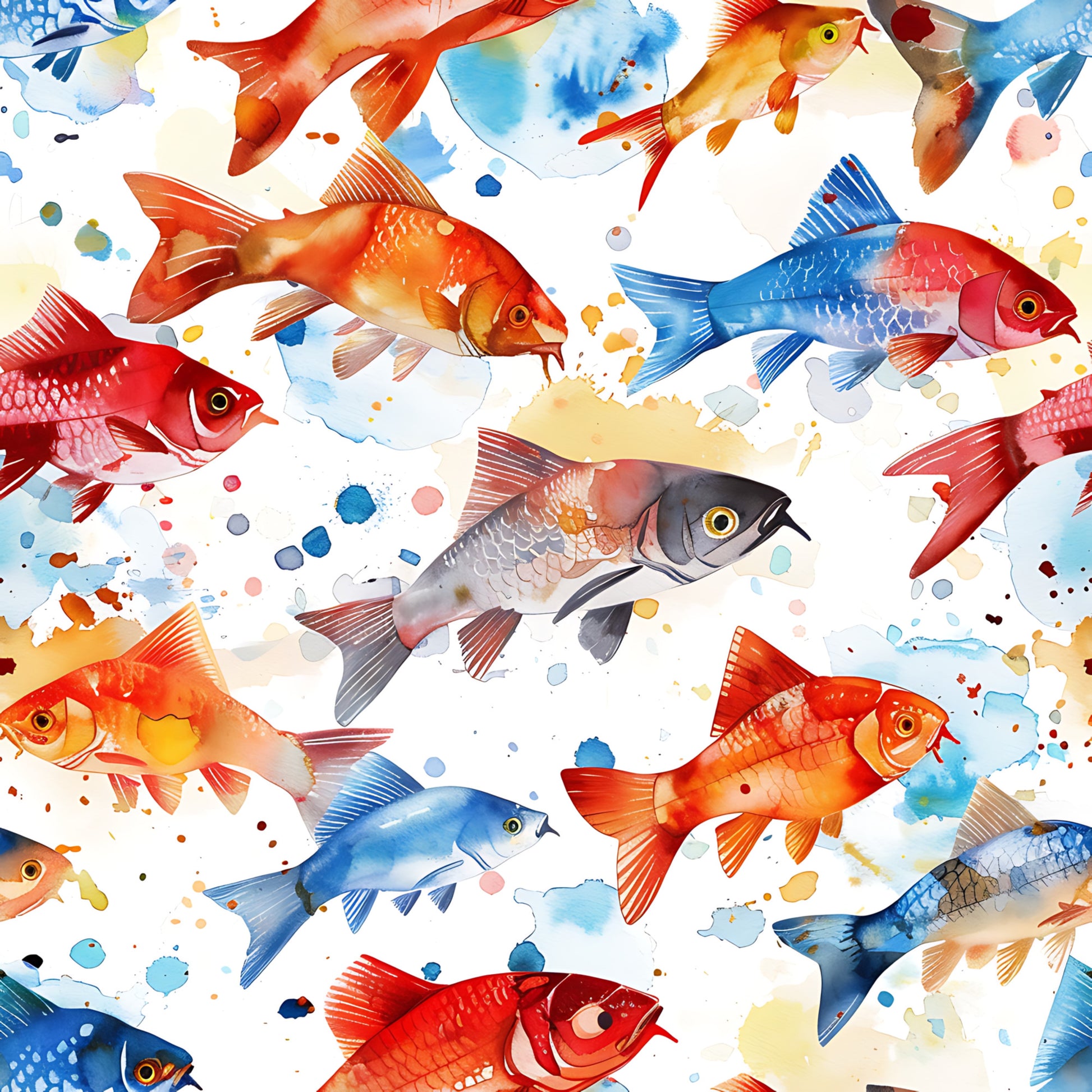 watercolor fish, aquatic animals, red fish, blue fish, orange fish, colorful scales, swimming motion, artistic splashes, paint splatters, ocean theme, marine life, quilting cotton, fabric panel, watercolor style, vibrant colors, flowing design, sea creatures, tropical fish, artistic brushstrokes, nautical pattern