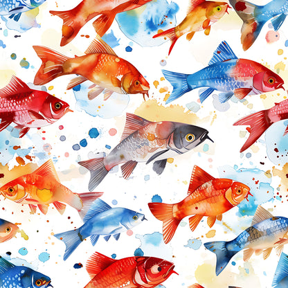 watercolor fish, aquatic animals, red fish, blue fish, orange fish, colorful scales, swimming motion, artistic splashes, paint splatters, ocean theme, marine life, quilting cotton, fabric panel, watercolor style, vibrant colors, flowing design, sea creatures, tropical fish, artistic brushstrokes, nautical pattern