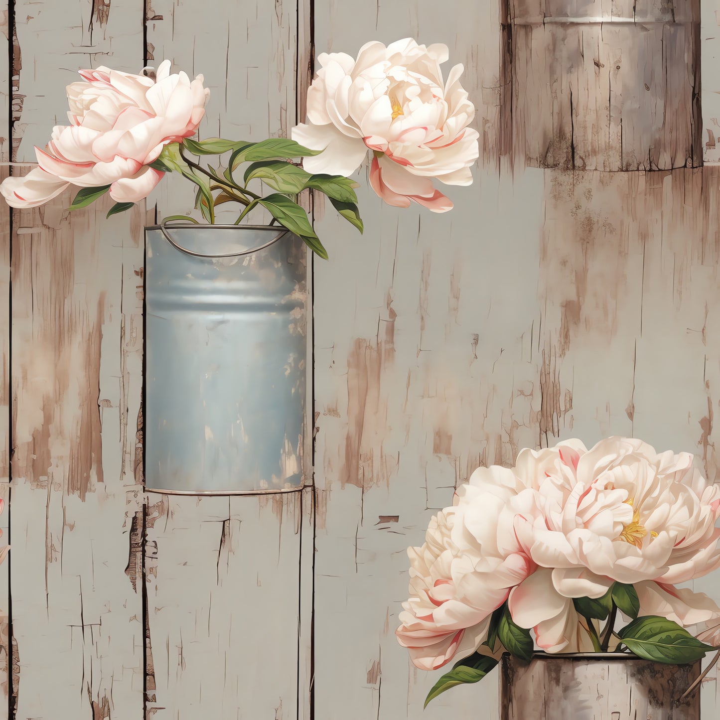 cream, blush pink, sage green, weathered wood, peonies, floral pattern, vintage bucket, rustic background, distressed finish, cottage style, botanical design, quilting cotton, fabric panel, shabby chic, farmhouse aesthetic, soft pastels, layered petals, country charm, textured wood grain, romantic florals