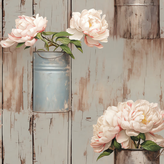cream, blush pink, sage green, weathered wood, peonies, floral pattern, vintage bucket, rustic background, distressed finish, cottage style, botanical design, quilting cotton, fabric panel, shabby chic, farmhouse aesthetic, soft pastels, layered petals, country charm, textured wood grain, romantic florals