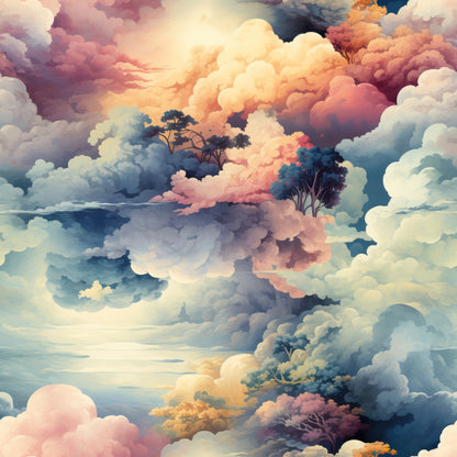 colorful clouds, cotton fabric, quilting panel, pastel colors, sunset sky, coral pink, lavender purple, soft blue, cream white, orange hues, dreamy atmosphere, celestial pattern, sky scene, floating trees, whimsical design, seamless repeat, fabric by the yard, cotton quilting, nature motifs, ethereal mood