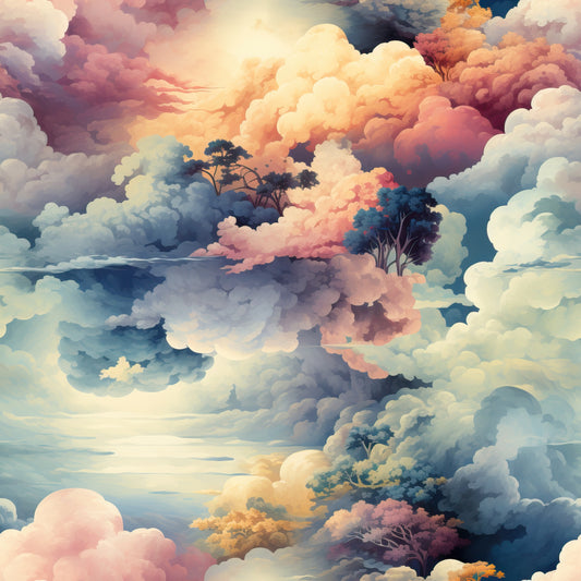 colorful clouds, cotton fabric, quilting panel, pastel colors, sunset sky, coral pink, lavender purple, soft blue, cream white, orange hues, dreamy atmosphere, celestial pattern, sky scene, floating trees, whimsical design, seamless repeat, fabric by the yard, cotton quilting, nature motifs, ethereal mood
