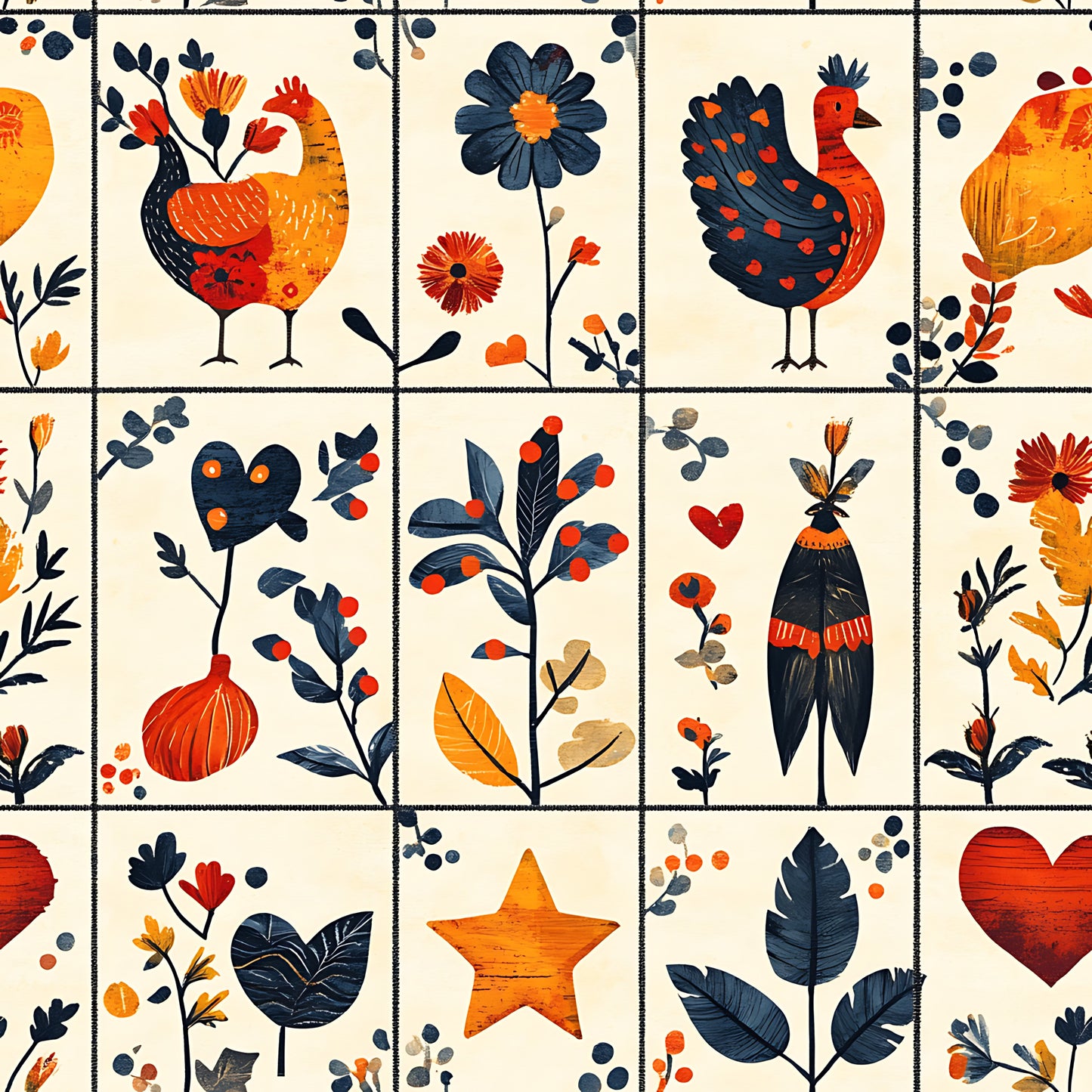 orange, navy blue, red, cream background, roosters, chickens, folk art, floral motifs, geometric squares, quilting cotton, fabric panel, botanical elements, hearts, stars, berries, leaves, country style, patchwork blocks, autumn colors, decorative birds