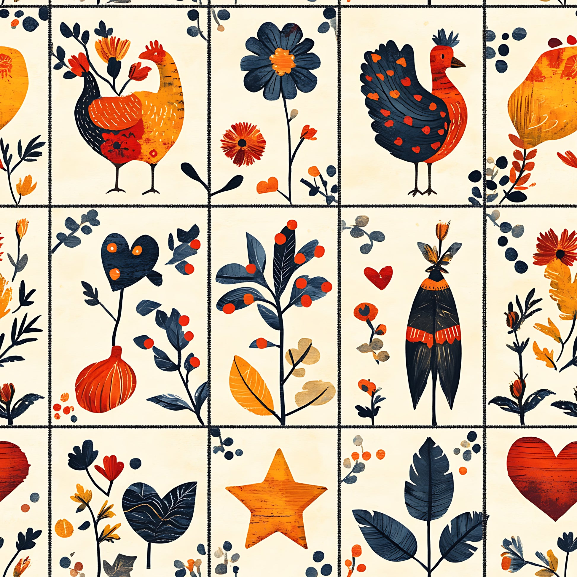 orange, navy blue, red, cream background, roosters, chickens, folk art, floral motifs, geometric squares, quilting cotton, fabric panel, botanical elements, hearts, stars, berries, leaves, country style, patchwork blocks, autumn colors, decorative birds