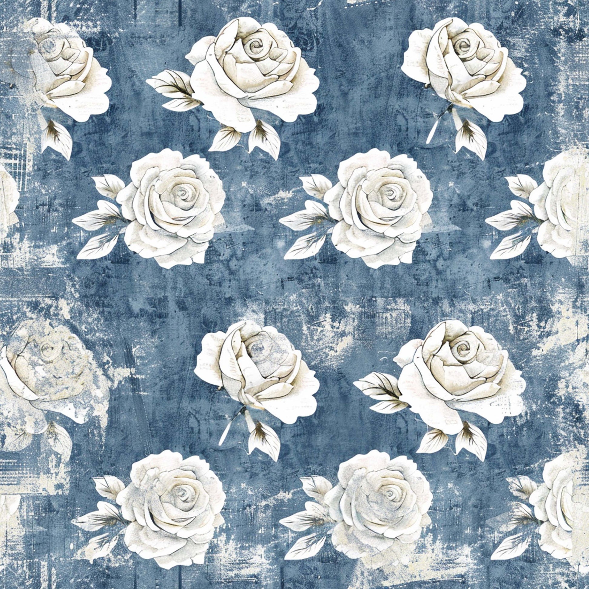 vintage roses, white roses, blue background, distressed texture, shabby chic, floral pattern, farmhouse style, quilting cotton, fabric panel, weathered look, romantic blooms, cottage core, muted tones, rose motifs, textured background, botanical design, soft florals, aged appearance, country style, repeating pattern