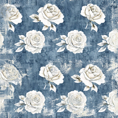 vintage roses, white roses, blue background, distressed texture, shabby chic, floral pattern, farmhouse style, quilting cotton, fabric panel, weathered look, romantic blooms, cottage core, muted tones, rose motifs, textured background, botanical design, soft florals, aged appearance, country style, repeating pattern