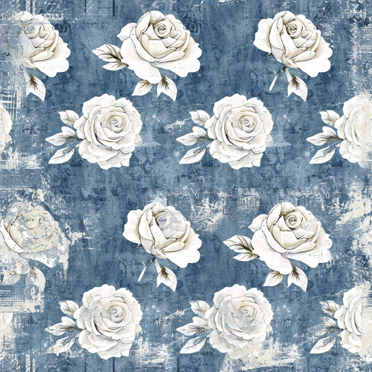 vintage roses, white roses, blue background, distressed texture, shabby chic, floral pattern, farmhouse style, quilting cotton, fabric panel, weathered look, romantic blooms, cottage core, muted tones, rose motifs, textured background, botanical design, soft florals, aged appearance, country style, repeating pattern