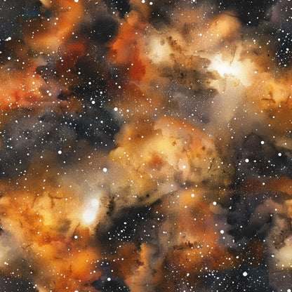 brown, orange, amber, golden, black, white, galaxy, nebula, stars, cosmic, space, painted, watercolor, celestial, night sky, astronomy, quilting cotton, fabric panel, dreamy, ethereal, swirling clouds, interstellar