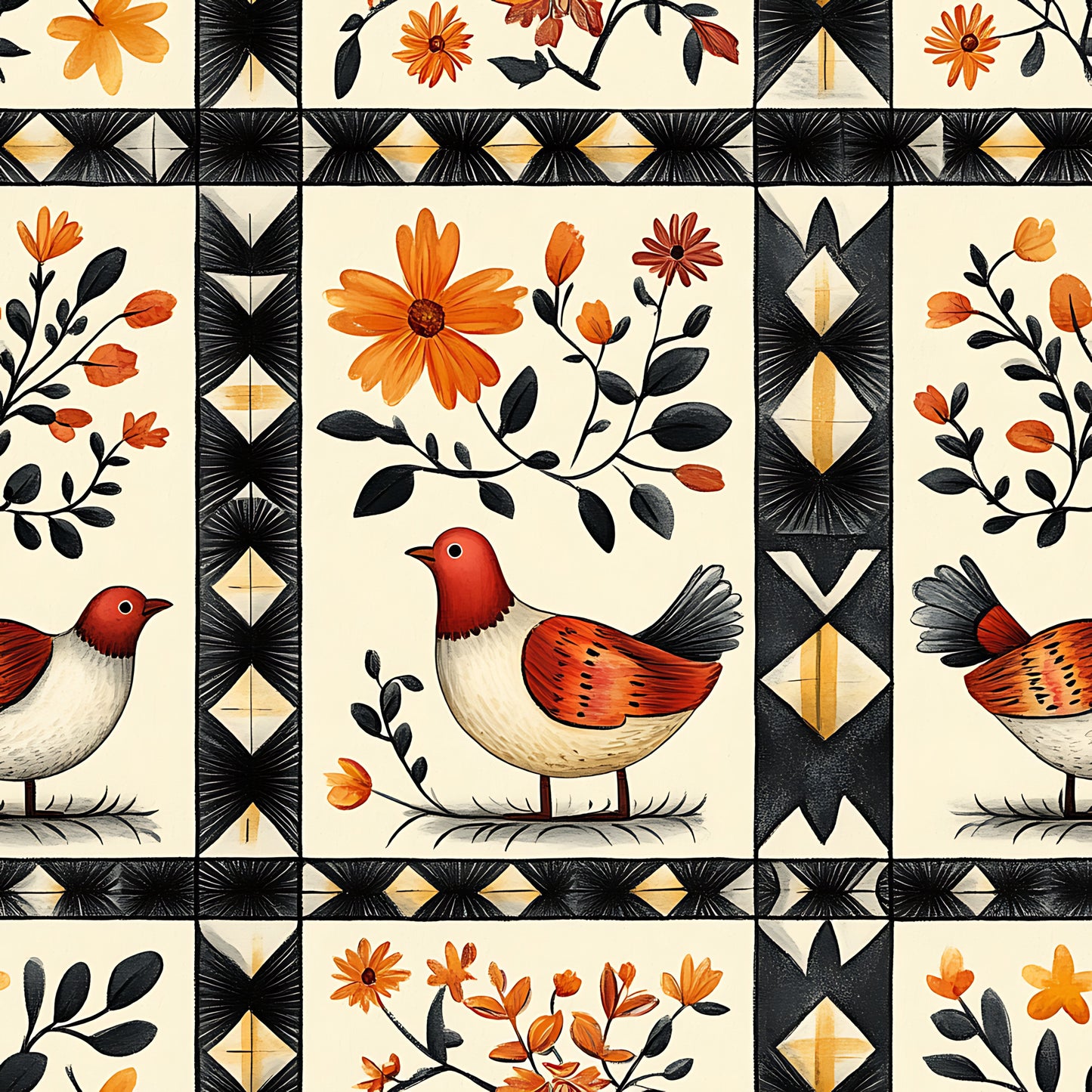 orange flowers, red birds, black geometric borders, cream background, floral motifs, bird illustrations, quilting cotton, fabric panel, autumn colors, botanical design, folk art style, decorative blocks, orange petals, red breasts, black leaves, diamond patterns, nature themed, warm palette, craft fabric, patchwork design