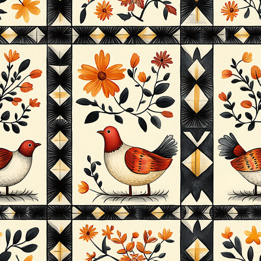 orange flowers, red birds, black geometric borders, cream background, floral motifs, bird illustrations, quilting cotton, fabric panel, autumn colors, botanical design, folk art style, decorative blocks, orange petals, red breasts, black leaves, diamond patterns, nature themed, warm palette, craft fabric, patchwork design