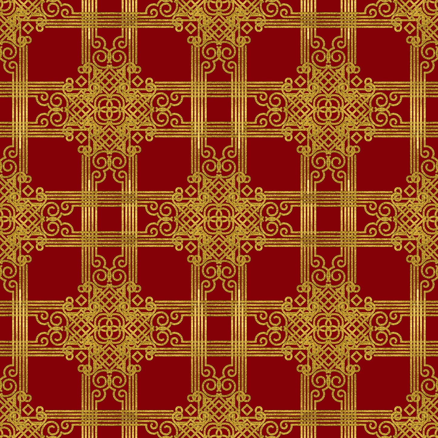 red, gold, christmas, ornate pattern, geometric design, intricate scrollwork, decorative motifs, festive, holiday fabric, quilting cotton, fabric panel, repeating pattern, elegant, luxurious, baroque style, winter themed, seasonal fabric, craft material, sewing fabric, medallion design