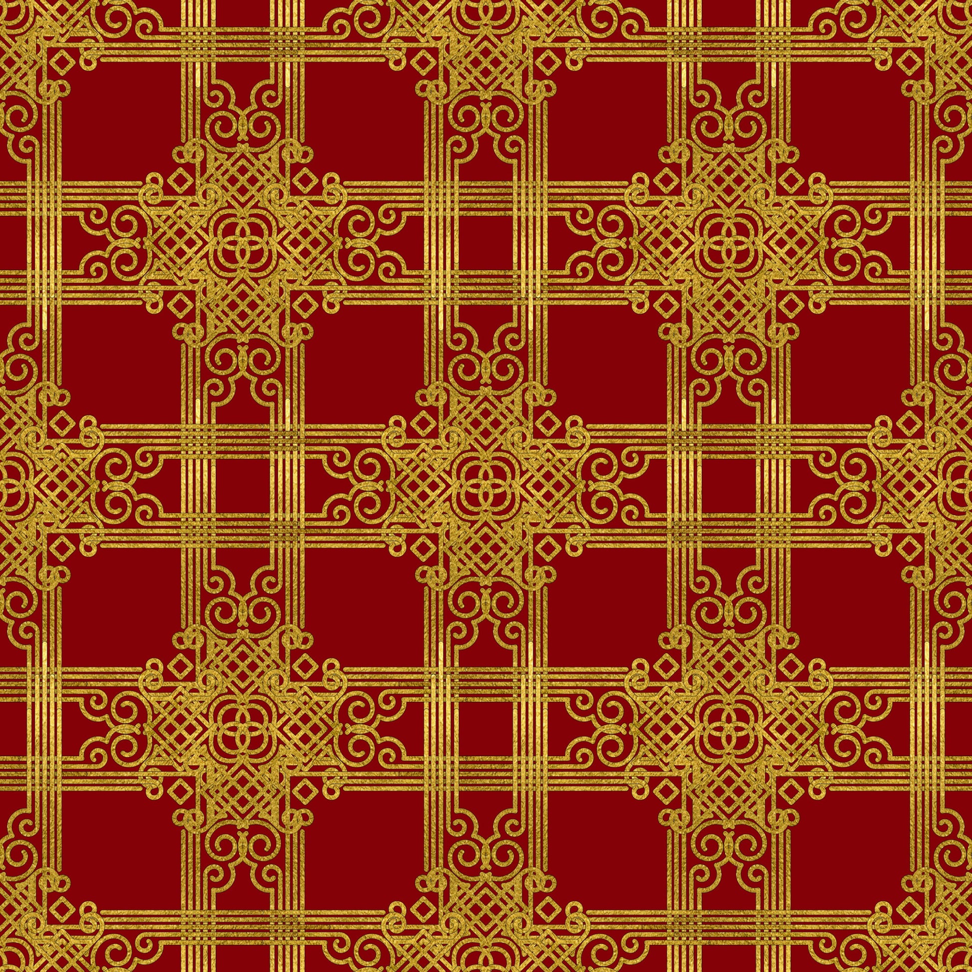 red, gold, christmas, ornate pattern, geometric design, intricate scrollwork, decorative motifs, festive, holiday fabric, quilting cotton, fabric panel, repeating pattern, elegant, luxurious, baroque style, winter themed, seasonal fabric, craft material, sewing fabric, medallion design