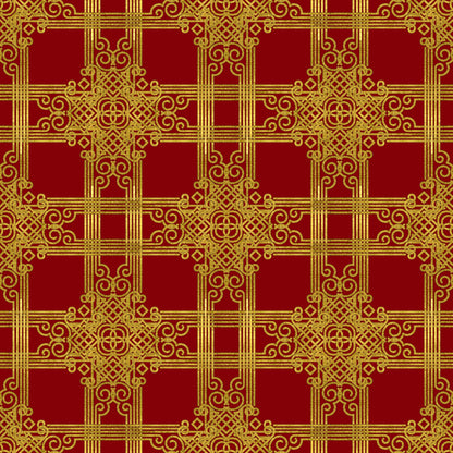 red, gold, christmas, ornate pattern, geometric design, intricate scrollwork, decorative motifs, festive, holiday fabric, quilting cotton, fabric panel, repeating pattern, elegant, luxurious, baroque style, winter themed, seasonal fabric, craft material, sewing fabric, medallion design