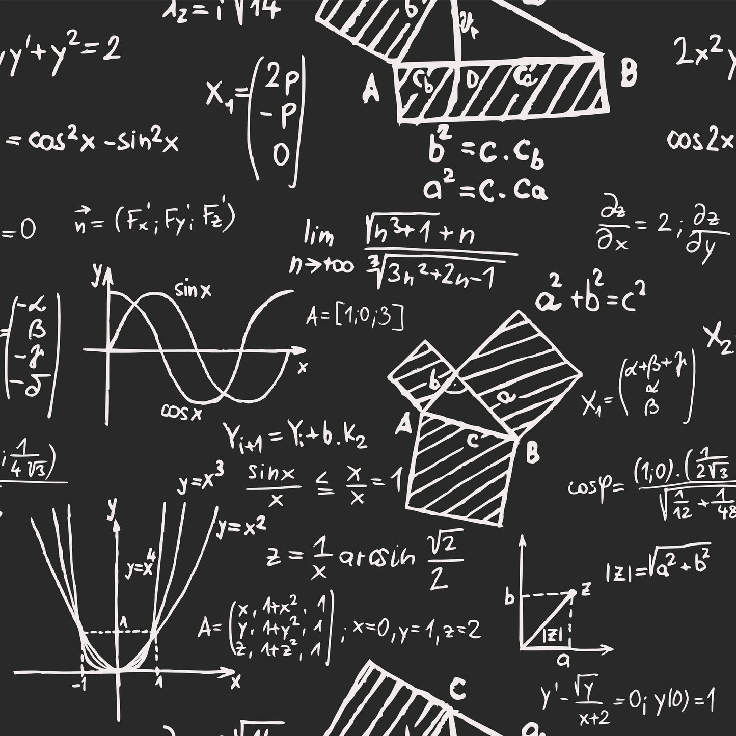 black, white, chalkboard, mathematical formulas, equations, geometric shapes, graphs, sine waves, trigonometry, algebra, calculus, educational, academic, school theme, stem, quilting cotton, fabric panel, classroom inspired, scholarly, scientific notation