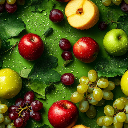 fresh fruits, red apples, green grapes, cherries, water droplets, vibrant colors, realistic photography, quilting cotton, fabric panel, nature pattern, harvest theme, orchard fruits, botanical design, green leaves, photographic print, summer fruits, colorful produce, wet surface, natural textures, kitchen theme
