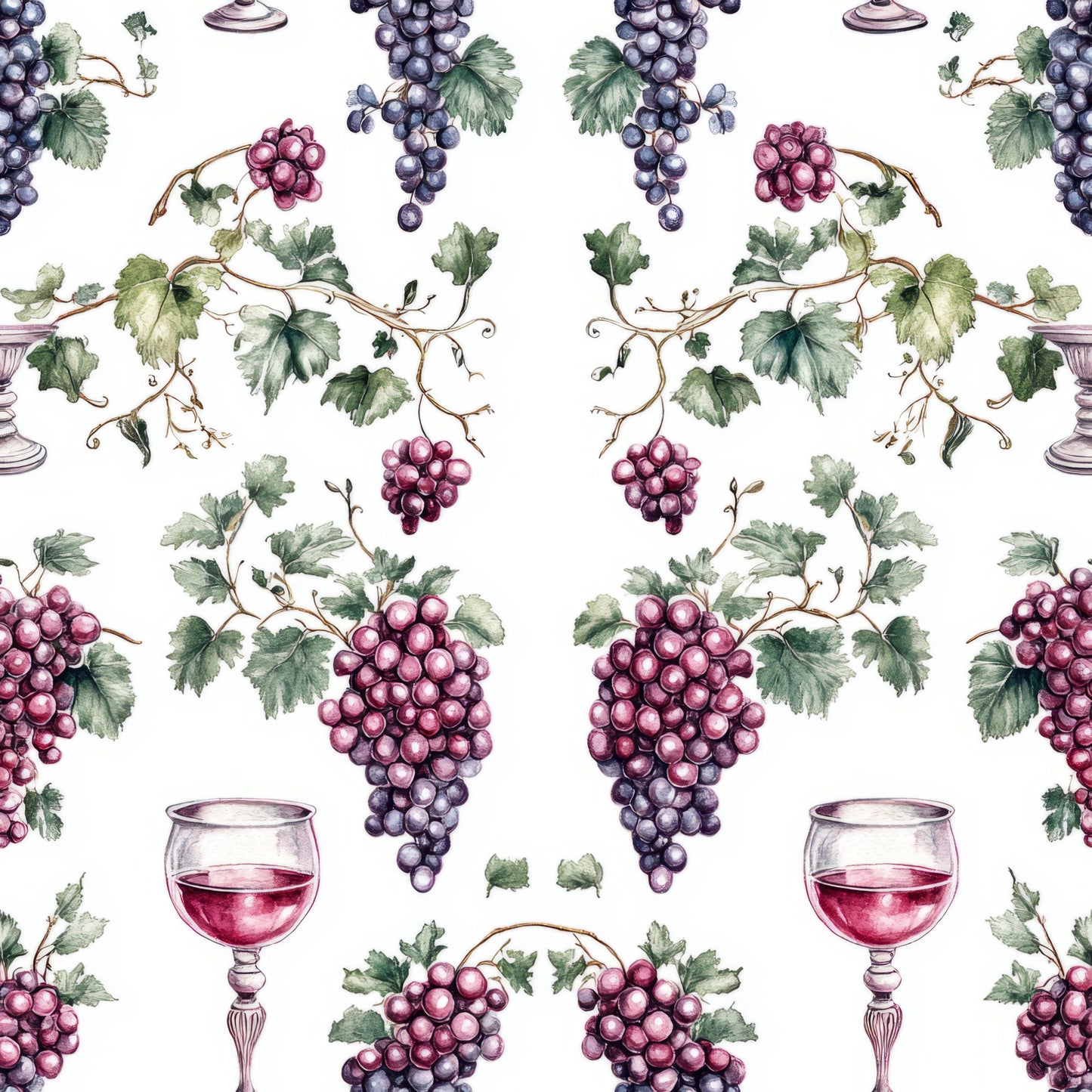 vineyard pattern, grape clusters, wine glasses, grapevines, purple grapes, red wine, green leaves, botanical design, repeating pattern, quilting cotton, fabric panel, wine theme, deep purple, burgundy, forest green, watercolor style, elegant motif, vine leaves, grape harvest, seamless design