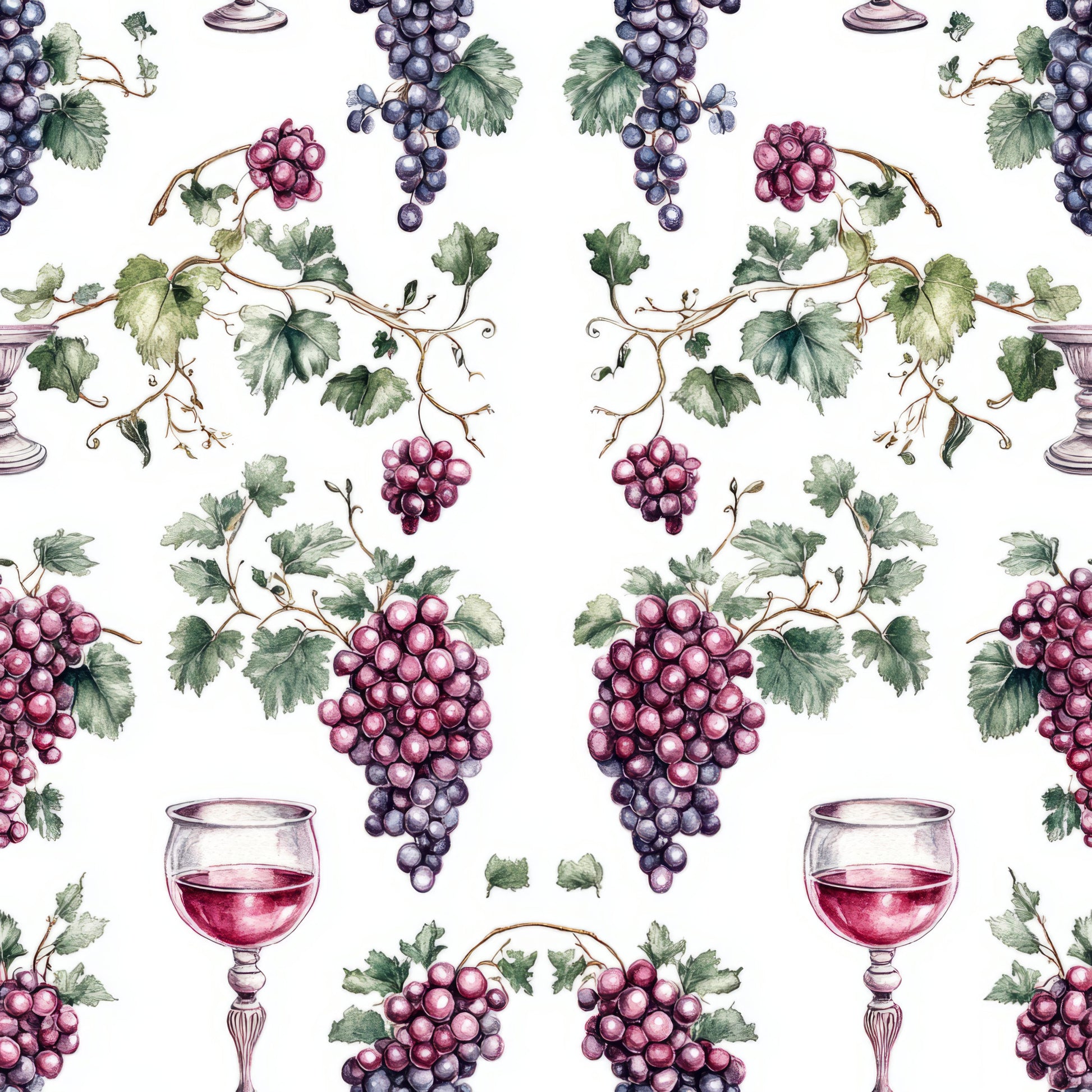vineyard pattern, grape clusters, wine glasses, grapevines, purple grapes, red wine, green leaves, botanical design, repeating pattern, quilting cotton, fabric panel, wine theme, deep purple, burgundy, forest green, watercolor style, elegant motif, vine leaves, grape harvest, seamless design