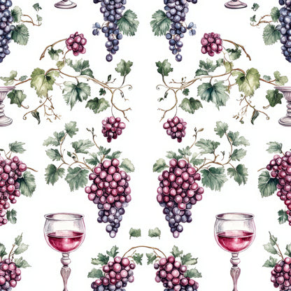 vineyard pattern, grape clusters, wine glasses, grapevines, purple grapes, red wine, green leaves, botanical design, repeating pattern, quilting cotton, fabric panel, wine theme, deep purple, burgundy, forest green, watercolor style, elegant motif, vine leaves, grape harvest, seamless design