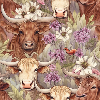 highland cows, brown cattle, horned cows, purple flowers, white daisies, pink blossoms, floral pattern, orange bird, quilting cotton, fabric panel, pastoral scene, farm animals, botanical elements, soft colors, whimsical art, repeating pattern, nature motif, country theme, detailed illustration