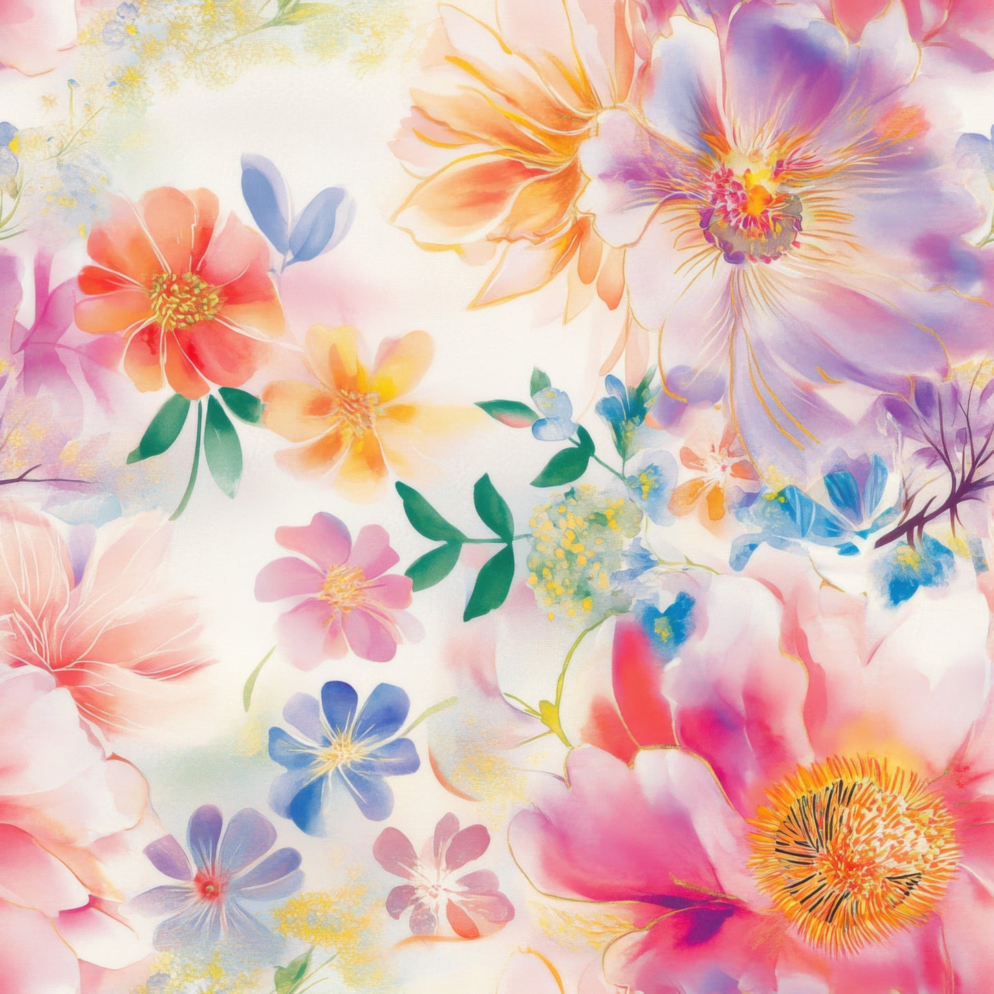 watercolor floral, japanese inspired, soft pastels, coral pink, lavender purple, sunny yellow, sage green, ocean blue, delicate blooms, ethereal flowers, translucent petals, botanical art, dreamy aesthetic, quilting cotton, fabric panel, spring garden, whimsical florals, artistic watercolor, gentle colors, floral motifs