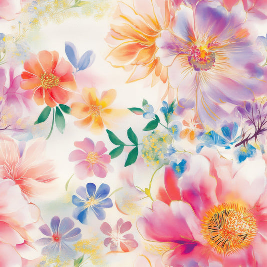 watercolor floral, japanese inspired, soft pastels, coral pink, lavender purple, sunny yellow, sage green, ocean blue, delicate blooms, ethereal flowers, translucent petals, botanical art, dreamy aesthetic, quilting cotton, fabric panel, spring garden, whimsical florals, artistic watercolor, gentle colors, floral motifs